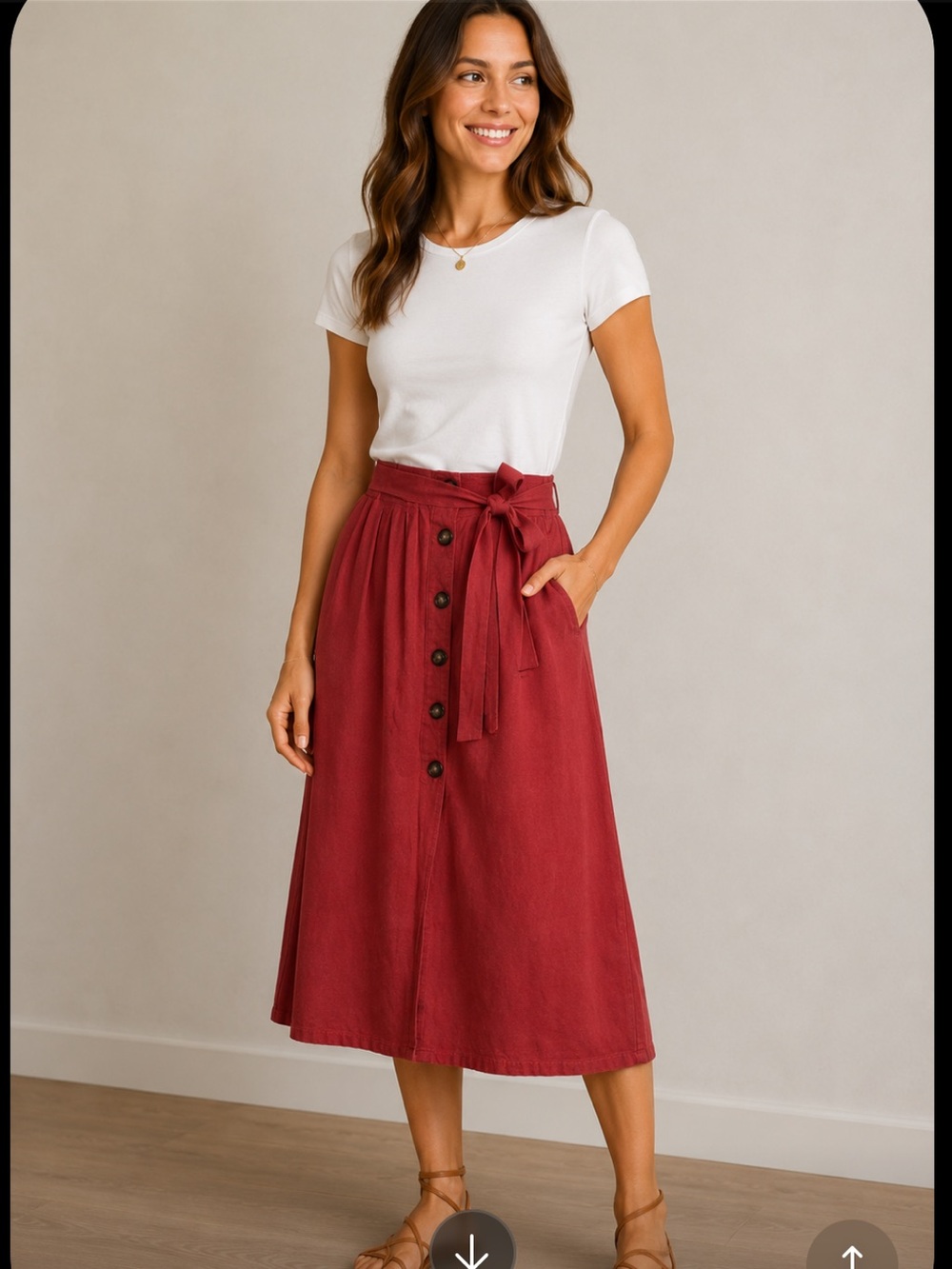 Elegant Red Button-Down Vintage Linen Blend Skirt
